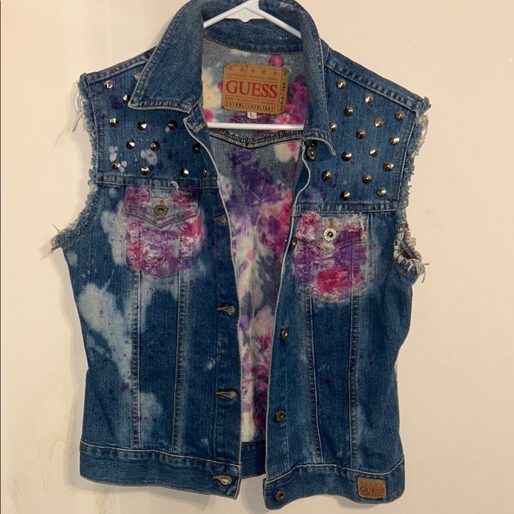 Guess Vintage Y2K Cut off Denim Vest Jacket Tie Dye Studded Size Large